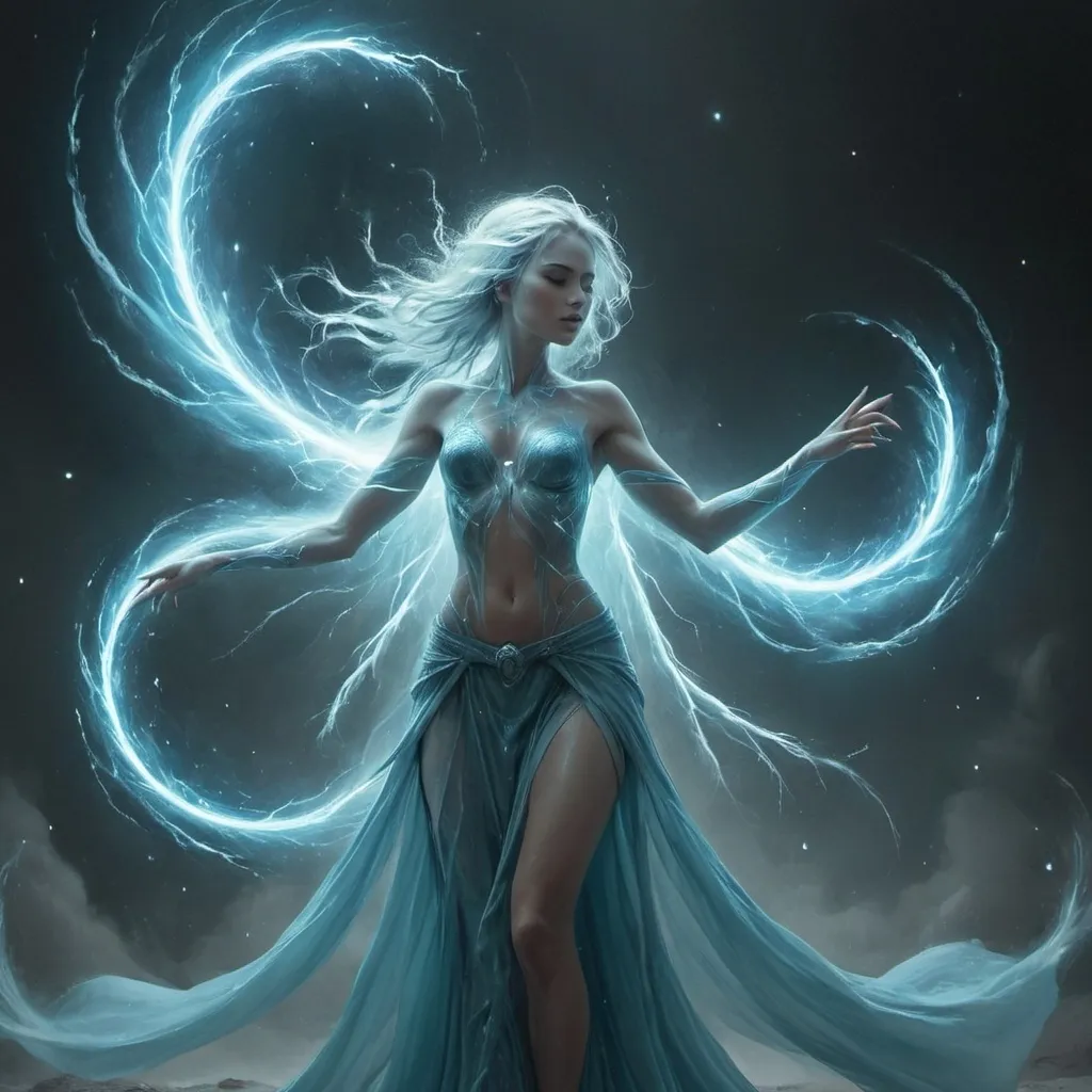 Prompt: Zephyrine Luminara is a mesmerizing creature of pure, radiant plasma, a rarity among her kind. Her form is fluid and ever-shifting, often taking the shape of a slender, graceful woman adorned with delicate tendrils of electric blue and silver light. Her 'hair' is a cascade of plasma currents that flow like liquid silk, reaching down to her waist and often moving of their own accord, dancing to the rhythms of her emotions. Her eyes are twin orbs of swirling cerulean flame, capable of piercing the darkest of spaces with their luminescence. Her 'skin' is a soft, undulating aurora that shimmers with hues of azure and white, reflecting the myriad of stars from her home planet. When at rest, she is a serene vision of cosmic beauty, but when agitated, her form crackles with energy, lightning bolts leaping from her fingertips and her aura pulsing with power. Standing at a height that is both human-like and ethereal, she emits a gentle warmth that is comforting rather than scalding. Her movements are as elegant as they are unpredictable, a testament to the chaotic yet harmonious nature of the plasma she is composed of.