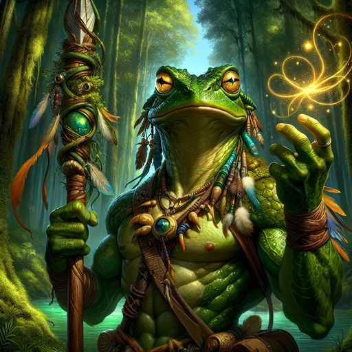 Prompt: A male Grung, regal and commanding, stands at the center of a magical, swampy jungle. His skin is a vibrant emerald green, accented with golden eyes that gleam with ancient wisdom. His frog-like features are fierce yet noble, with a sharp jawline and wide mouth, showing the strength and intellect of his kind. His muscular frame is adorned with tribal war paint, intricate leather armor made from the hides of jungle beasts, and bone accessories. A tall, polished spear is clenched in one hand, its shaft wrapped in vines and feathers, symbolizing his connection to the wild. In his other hand, he conjures a wave of glowing, magical vines, as if commanding the very jungle around him. Perched on his shoulder is a small, vibrant amphibian companion, their eyes locked in unison. The jungle behind him is alive with towering trees, thick vines, and moss, while a soft mist rises from the ground. The sky above is dramatic, with storm clouds swirling and moonlight piercing through, casting an ethereal glow upon the Grung, making him appear as the jungle's true ruler. The atmosphere is mystical, filled with a sense of untold power and ancient magic.