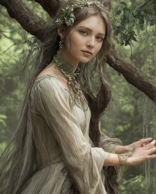 Prompt: majestic treant, female, over 300 years old, rich green bark, silver whispers, fifty feet tall, girth of a small cottage, graceful limbs, emerald leaves, serene smile, ancient eyes, willow leaf hair, silver cascade, bark skin, seasonal tales, woodland wreath, ivy necklace, forest guardian, ancient wisdom, healer, deep roots, empathetic voice, boundless patience, compassionate heart, fiery protector, enigmatic thoughts, gentle embrace, whispers of leaves, moonlit dance, nature's guardian, elegant arching branches, delicate balance, sage advisor, friend of dryads and ents, manipulates plants, swift tornado-like movements, fiery gaze, legendary kindness, youthful curiosity, enigmatic personality, forest whisperer.