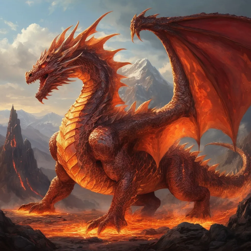 Prompt: Emberlon is an ancient, colossal dragon with scales that shimmer like molten gold in the sunlight, fading to a deep , fiery red near his wings, His eyes are pools of swirling lava, his hors are twisted and jagged like the peaks of volcanoes. He has a muscular build, with with wings that span the length of a small village and a tail that leaves a trail of embers in his wake. Despite his fearsome looks, his movements are surprisingly graceful, like liquid gold flowing across the sky.