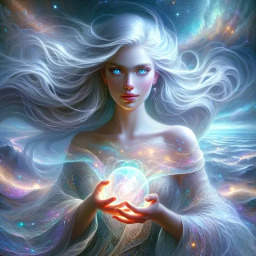 Prompt: The Dreamweaver Oracle
"A serene female Kalashtar stands at the center of a tranquil, otherworldly dreamscape, her luminous silver hair flowing like liquid moonlight around her shoulders. Her alabaster skin glows softly, and her piercing, otherworldly blue eyes seem to look beyond the physical realm, gazing into the threads of fate itself. She wears a flowing gown of iridescent fabric, shifting colors like the surface of a calm sea under starlight, and her bare feet leave no impression on the shimmering ground.
In her hands, she cradles an orb of pure, radiant light that pulses gently with the rhythm of a heartbeat, symbolizing her connection to the Plane of Dreams. Around her, the dreamscape twists and evolves—a kaleidoscope of starry skies, floating islands, and glowing pathways that ripple with her every thought. Wisps of ethereal energy swirl around her, taking the forms of fleeting memories and visions, each disappearing into the void as quickly as they appear.

Her voice, calm and melodic, carries an almost hypnotic quality, weaving truth and prophecy together. As she steps forward, the dreamscape bends to her will, reflecting her deep connection to the collective subconscious of all sentient beings."