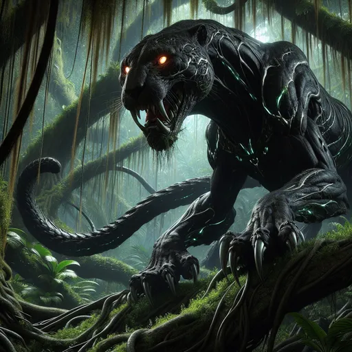 Prompt: "A colossal female dire beast prowls through a dense, untamed jungle at twilight, her form both terrifying and majestic. She resembles a massive panther, her sleek, obsidian-black fur streaked with faint silver markings that glow softly in the dim light. Her glowing amber eyes pierce through the shadows, exuding intelligence and an unyielding predatory focus. Her enormous claws leave deep gouges in the moss-covered ground, and her fanged maw is adorned with long, saber-like teeth. Thick, thorn-like spikes protrude along her spine, each dripping with an eerie, bioluminescent green liquid that hints at her venomous nature. Surrounding her, the jungle thrums with life—glowing fungi cling to ancient trees, vines twist like living serpents, and the air is thick with the sounds of distant predators. As she steps into a moonlit clearing, her breath creates faint wisps of steam, and the forest seems to pause in reverence to her primal power. She is the embodiment of the untamed wild, a predator unmatched and a guardian of the jungle’s deepest secrets."