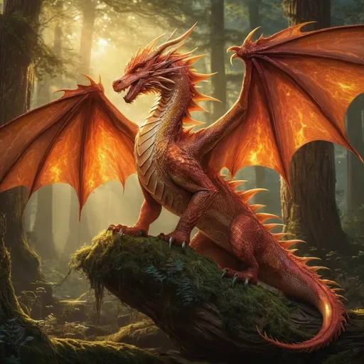 Prompt: In the heart of the enchanted Emberwood Forest, where the ancient trees whisper secrets and the air hums with magic, resides a magnificent female dragon named Seraphina. Her scales shimmer like molten gold, catching the sunlight and casting a dazzling glow that can be seen from miles away. With elegant, sweeping wings that resemble a tapestry of fiery hues, she soars gracefully through the sky, her presence a breathtaking spectacle. Seraphina’s eyes, a striking shade of deep emerald, hold an ancient wisdom, reflecting the countless ages she has witnessed. Guarding her domain with fierce determination, she is both a nurturer and a protector, often found cradling her clutch of shimmering eggs nestled among the flowering vines of her hidden lair. When threatened, she unleashes a powerful roar that reverberates through the forest, a sound that strikes fear into the hearts of intruders while simultaneously summoning her loyal forest creatures to her side. Despite her fearsome reputation, Seraphina possesses a gentle spirit, often aiding lost travelers with her ethereal charm and offering them guidance through the mystical woods. Legends speak of her ability to manipulate the elements, calling forth storm clouds or summoning gentle breezes with a mere flick of her tail. In a world filled with wonder and danger, Seraphina stands as a symbol of strength and grace, her legacy intertwined with the very essence of the enchanted realm she calls home.