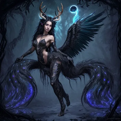 Prompt: Alara Moonshadow is a breathtaking and enigmatic creature that defies simple categorization. Her lineage is a mesmerizing tapestry of various dire beasts, woven together by the whims of a long-forgotten sorcerer. Her base form is that of a sleek, six-foot-tall feline creature with a muscular and lithe build, reminiscent of a jungle panther, but with fur as dark and deep as a moonless sky. A set of majestic antler-like horns spirals gracefully from her forehead, each tipped with a luminescent sapphire that seems to resonate with the intensity of her emotions. Her eyes are pools of shimmering gold, holding within them the wisdom and curiosity of the ages. A long, serpentine tail, tipped with a vibrant peacock fan of feathers, coils behind her, acting as both a balance and a weapon. Her forearms end in sharp, clawed paws that can manipulate objects with surprising dexterity. Her back is adorned with the powerful wings of a gryphon, midnight black feathers edged with the iridescence of an oil slick, allowing for silent flight. Her legs, strong and muscular, are tipped with cloven hooves that echo the grace of a deer, yet carry the weight of a creature much larger.