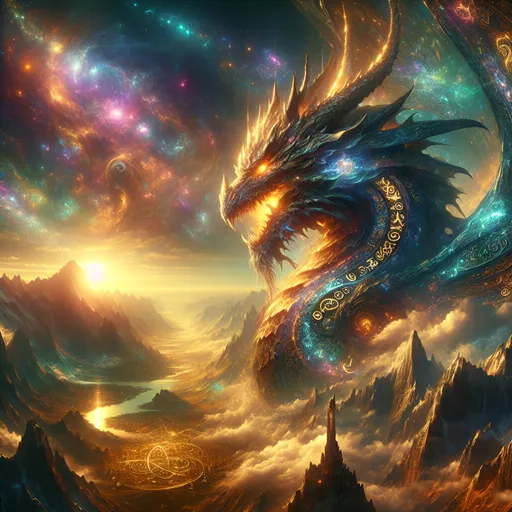 Prompt: "A colossal, ancient dragon with shimmering iridescent scales that reflect a thousand hues of cosmic light, perched atop a mountain peak surrounded by swirling storm clouds and radiant sunlight breaking through. The dragon’s eyes glow like molten gold, and intricate magical runes are etched across its body, softly pulsating. Below, a vast valley teeming with mythical creatures—griffins, unicorns, and sylphs—stretches into the horizon, bathed in the golden light of dawn. Vibrant colors, hyper-detailed textures, cinematic depth, and epic fantasy ambiance."

