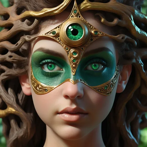 Prompt: Alara Cyclopsia stands tall at twenty-four feet, with skin the color of ancient oak, weathered by centuries under the sun's unyielding gaze. Her singular, piercing eye is a swirl of emerald and gold, a kaleidoscope that seems to peer into the very soul of those who dare meet her gaze. The pupil dilates and contracts with an otherworldly rhythm, hinting at the profound depth of her sight. A crown of thick, curling horns adorns her forehead, each one a masterpiece of ivory, spiraling outward and upward like the twisted branches of a great tree. Her face is a canvas of wisdom and resilience, etched with lines that speak of countless battles and the weight of a legacy that spans millennia. Her body is powerful and muscular, built for the rigors of a life spent in the shadow of the colossal mountains she calls home. Her hair is a wild tapestry of greens and browns, interwoven with threads of gleaming metal and precious gems, a nod to the treasures she has amassed during her reign as the Sovereign of the Stone Kingdom.