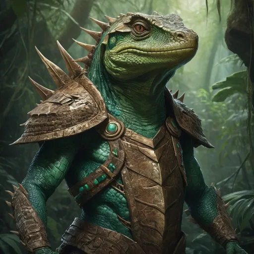 Prompt: A legendary-quality digital artwork of a 105-year-old lizardfolk in a mysterious jungle setting. The lizardfolk has a dignified and ancient appearance, with scaled skin that shimmers in hues of emerald and bronze. His face is adorned with tribal markings and small scars, hinting at a lifetime of battles and wisdom. He wears ceremonial armor made of bone and leather, decorated with intricate carvings and feathers. In his hands, he holds a gnarled spear with a glowing blue gemstone at its tip. The background features a dense jungle with towering trees, glowing vines, and ancient ruins partially overtaken by nature. The atmosphere is mystical and serene, with beams of sunlight filtering through the foliage and casting an ethereal glow.