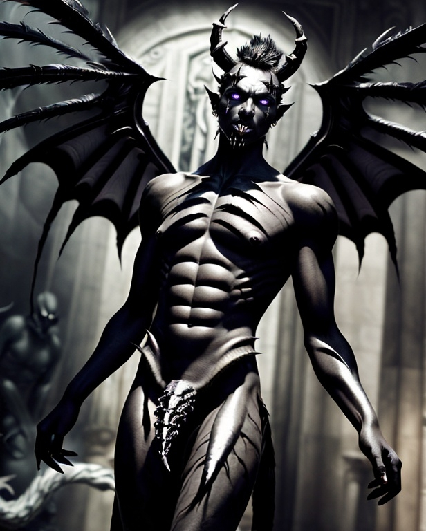 Prompt: Male, demon, 3000-year-old, 7'4" tall, black abyssal skin, molten silver eyes, spiked shadow hair horns, dramatic wing span 18', smoke-darkness wings, crystalline feather tips, chiseled physique, living shadow tail, archaic demonic etiquette, sharp wit, charming demeanor, soft spot for innocence, protector, sculptor of reality, fascinated by human innovation, art aficionado.