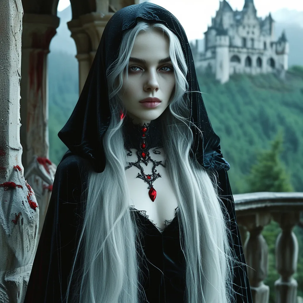 Prompt: "A hauntingly elegant Elvish-Vampire hybrid with pale, moonlit skin and long, silver hair cascading over her black velvet cloak. Her piercing crimson eyes glow faintly as she stands atop the balcony of an ancient, gothic castle, overlooking a forest shrouded in mist. She wields a slender, enchanted rapier etched with blood-red runes, its blade humming with an unholy aura. Her pointed ears peek out from beneath her hood, and her fangs glint as she smirks with an air of regal dominance. Bats swirl around her as the blood-red moon casts an eerie glow on the jagged mountains beyond."