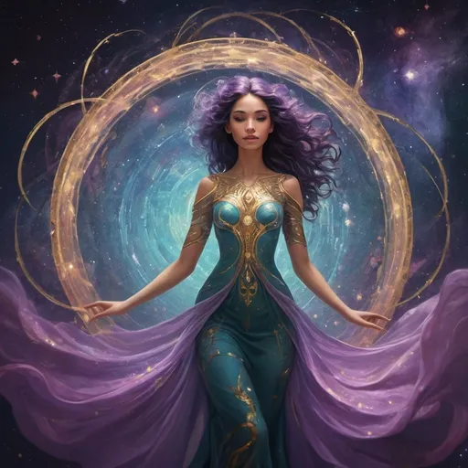 Prompt: "A radiant female Aetherborn, her translucent, opalescent body swirling with vibrant hues of violet, teal, and gold, stands at the center of a cosmic rift. Her form flickers with ephemeral light, constantly shifting as if made from living starlight. She manipulates threads of glowing aether with her elongated, delicate hands, weaving them into intricate patterns that ripple through the air like a celestial tapestry. Around her, fragments of shattered worlds float weightlessly, illuminated by a nebula that pulses with energy. Her eyes are twin galaxies, shimmering with wisdom and power, as she gazes into the infinite expanse."