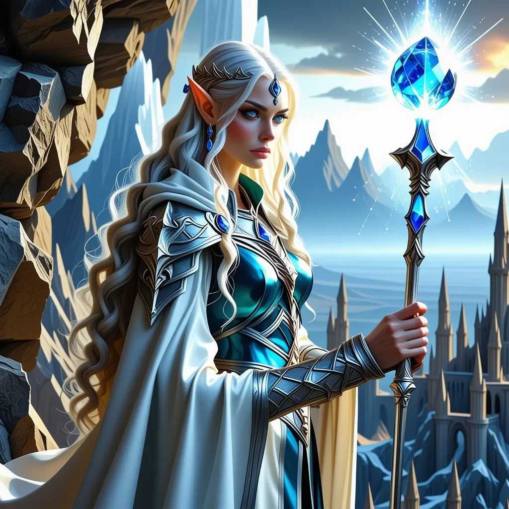 Prompt: "A regal female High Elf with flowing platinum-blonde hair adorned with a circlet of sapphire and gold, standing at the apex of a towering, crystalline spire. Her robes, a blend of shimmering white and iridescent silver, flow like liquid light as she channels an immense arcane spell. In her hands, she cradles a staff of pure diamond, its tip glowing with a pulsating orb that radiates celestial energy. The sky around her is painted with auroras of blue and gold, and below, an intricate city of alabaster and crystal reflects the brilliance of her magic. Her piercing emerald eyes shine with both wisdom and an unyielding determination."