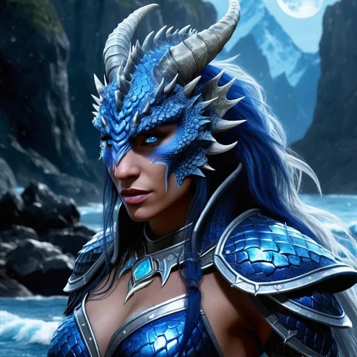 Prompt: Alara Stormsoul, a majestic dragonborn with an ancient lineage that whispers of the very tempests she embodies, stands tall and proud at a formidable six and a half feet. Her scales, a breathtaking fusion of cobalt blue and shimmering silver, cascade down her body like the frozen waves of a moonlit sea, hinting at her elemental affiliation with the storms of her kind. Her eyes, two piercing orbs of cerulean fire, seem to dance with the tumultuous energy of the skies she soars. A proud crest, tipped with the purest of ice crystals, adorns her forehead, sweeping back in a dramatic arc that emphasizes her regal bearing. Her horns, curving elegantly back from her temples, are the same frosty white as the peaks of the distant mountain range she calls home. Her tail, a powerful expression of her draconic heritage, lashes with a silent grace that belies its potential for devastating force. In human form, she is equally striking, with piercing eyes and long, flowing hair that matches the icy hue of her scales, often styled in an intricate braid that signifies her lineage as a stormcaller. Her skin, a soft blue, maintains a faint shimmer that recalls the iridescence of her true form. Her attire, a blend of scaled armor and enchanted storm-woven fabrics, is as much a declaration of her station as it is a practical ensemble for harnessing the fury of the elements.