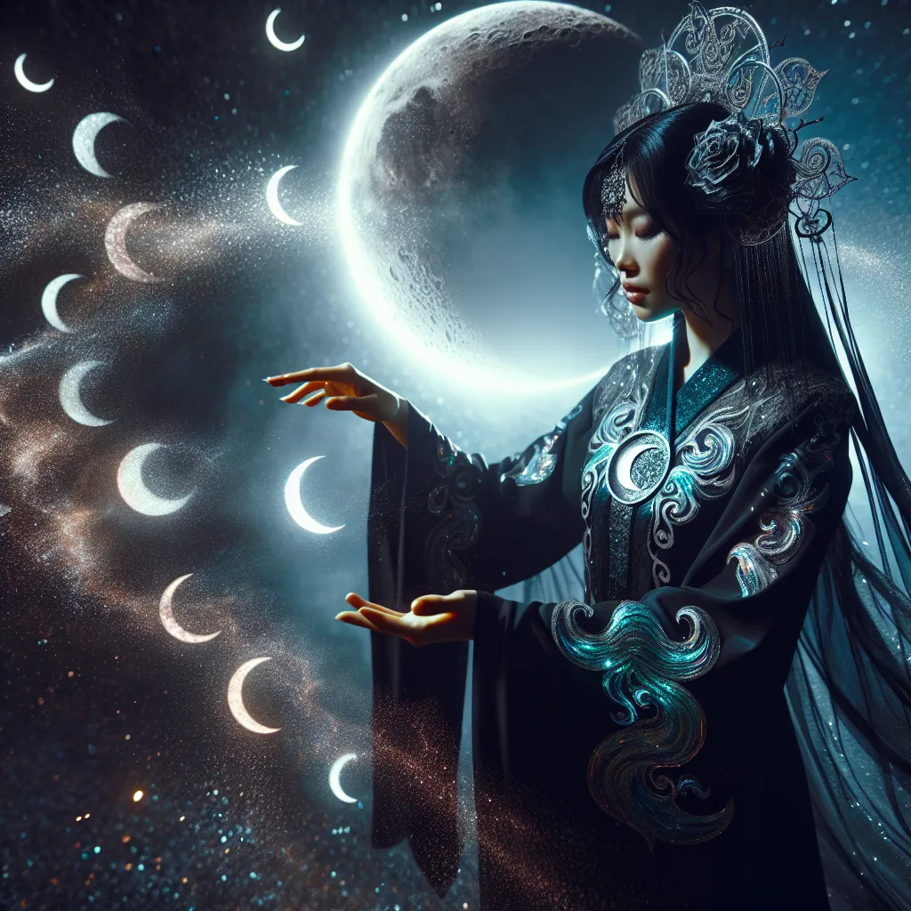 Prompt: "A sorceress with midnight-black robes embroidered with glowing lunar sigils hovers beneath an eclipsed moon. Her hands weave intricate spells that take the shape of shimmering, crescent-shaped glyphs. Around her, the air is filled with glowing particles of silver and shadow, swirling together in a mesmerizing dance of light and darkness."