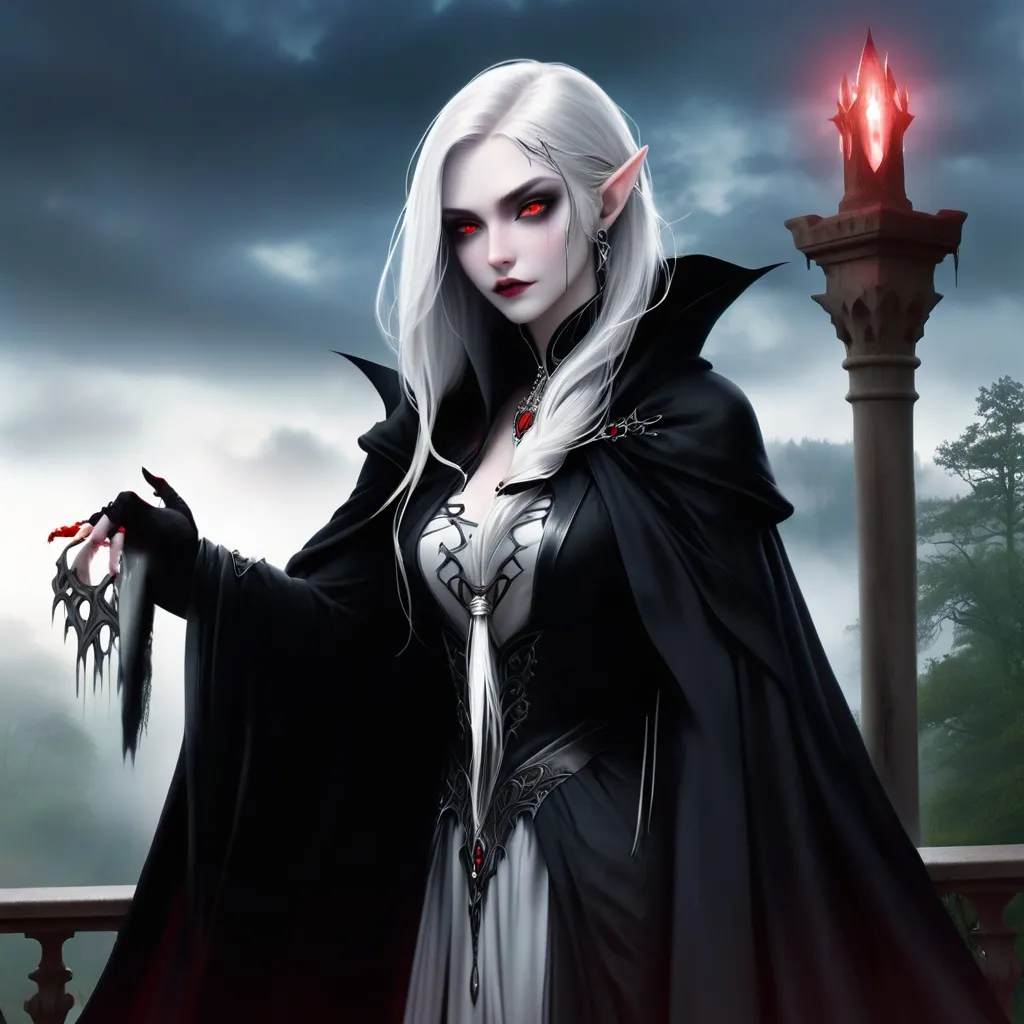 Prompt: "A hauntingly elegant Elvish-Vampire hybrid with pale, moonlit skin and long, silver hair cascading over her black velvet cloak. Her piercing crimson eyes glow faintly as she stands atop the balcony of an ancient, gothic castle, overlooking a forest shrouded in mist. She wields a slender, enchanted rapier etched with blood-red runes, its blade humming with an unholy aura. Her pointed ears peek out from beneath her hood, and her fangs glint as she smirks with an air of regal dominance. Bats swirl around her as the blood-red moon casts an eerie glow on the jagged mountains beyond."