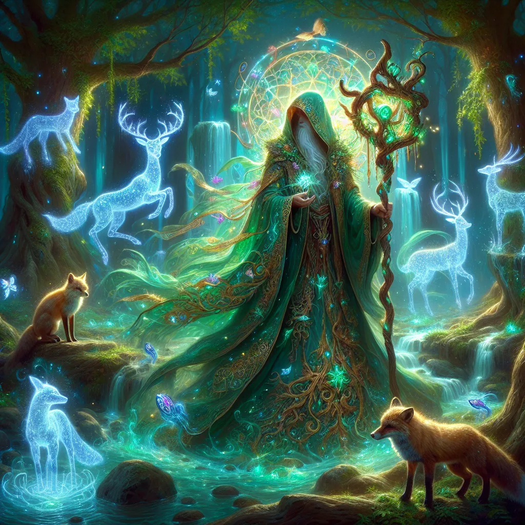 Prompt: "A mystical druid, cloaked in flowing robes adorned with glowing emerald vines and golden embroidery, stands in the center of an enchanted forest. Trees with bioluminescent leaves and glowing fungi surround the druid, while ethereal animal spirits, like foxes made of starlight and deer with antlered galaxies, gather around them. The druid holds a staff made of twisted crystal and ancient wood, its tip glowing with life energy. A waterfall cascades into a pool of liquid light nearby, with shimmering fish leaping into the air. Dynamic lighting, intricate details, and a magical, otherworldly atmosphere."

