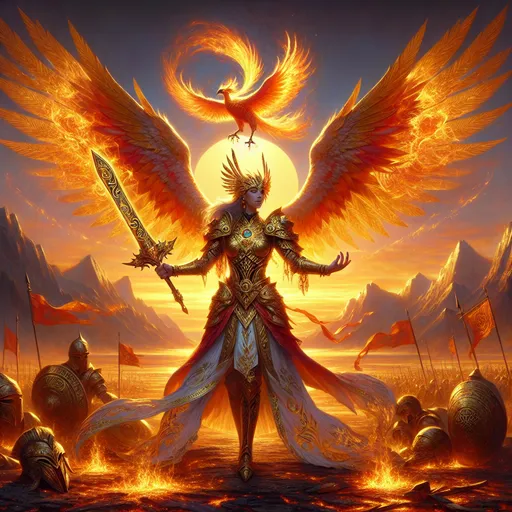 Prompt: The Phoenix Crowned Warrior
"An awe-inspiring fantasy battlefield at sunrise, where the horizon blazes with fiery hues of gold, crimson, and orange. At the center stands a majestic warrior adorned in intricately detailed armor forged with golden filigree and adorned with motifs of flames and feathers. Above the warrior’s head, a radiant phoenix unfurls its blazing wings, its feathers shimmering like molten gold and fire. The warrior wields a massive sword glowing with ancient runes, its blade appearing as though forged from pure sunlight. Surrounding the warrior, shattered remnants of an ancient army lie scattered across the scorched ground, with embers floating gently in the air. The background features jagged mountains silhouetted against the dawn and a smoldering battlefield with distant banners fluttering in the wind. The entire scene exudes grandeur and hope, as the phoenix’s fire bathes the world in a luminous aura of renewal and power."

