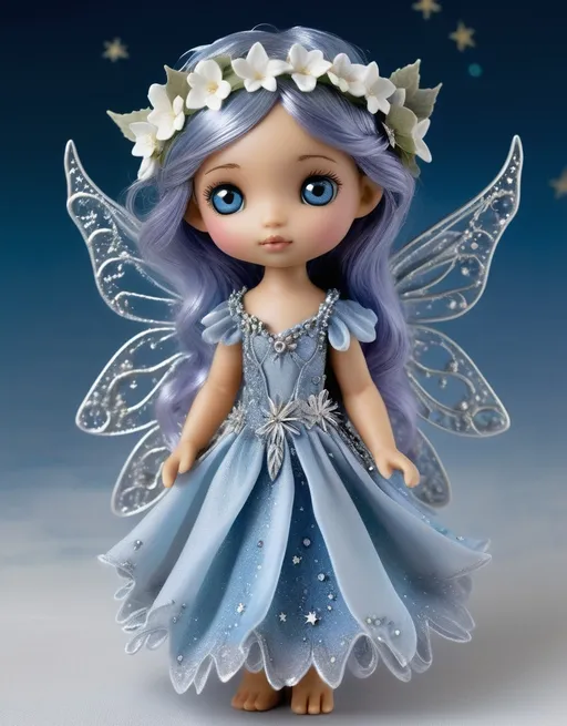 Prompt: Lila Whisperwind  is a tiny, ethereal being, standing at a mere 6" tall with gossamer wings that shimmer like moonlit dew. Her skin is the soft blue of a twilight sky, and her eyes sparkle with the wisdom of a thousand stars. Her hair flows in a silky cascade of silver, adorned with delicate flowers and leaves that change with the seasons. She dresses in garments spun from spider silk and illuminated by the bioluminescent fungi of her forest home, creating an ever-changing tapestry of colors that dance around her as she moves. 