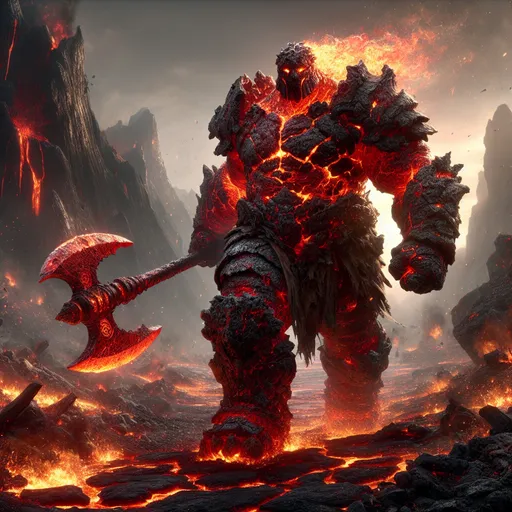 Prompt: "A fearsome warrior clad in jagged volcanic armor strides through a battlefield of ash and flame. Their massive battleaxe glows red-hot, and each swing sends waves of molten lava surging across the ground. Around them, the air shimmers with heat, and fiery cracks appear in the earth as they unleash their fury."