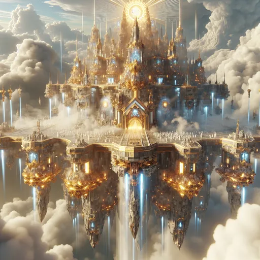 Prompt: "A massive, floating fortress built from glowing crystal and golden steel hovers among the clouds, radiating an aura of divine power. Gigantic, mechanical wings keep it aloft, while legions of armored angelic guardians patrol its battlements. Sunlight beams through the clouds, illuminating banners that flutter with the symbol of a radiant sun."