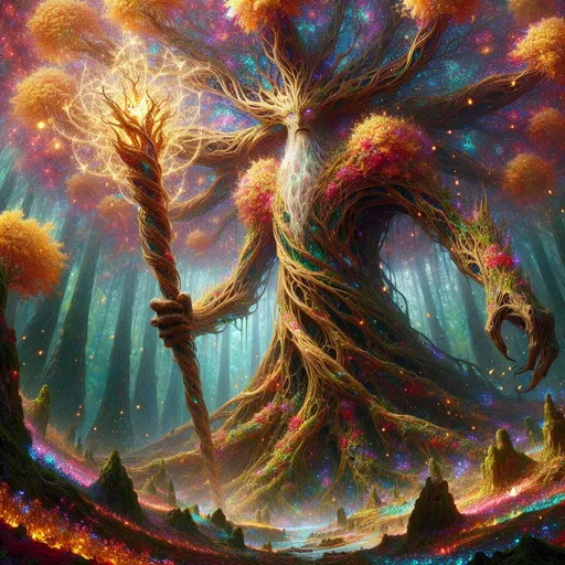 Prompt: "A towering tree-like guardian stands in the heart of an enchanted forest, its bark shimmering with veins of gold. Blossoms of every imaginable color cover its massive limbs, releasing glowing pollen into the air. In its hands, it wields a massive staff made from a living branch, each strike causing the ground to erupt in bursts of vibrant life."