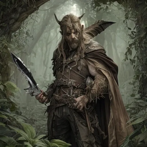 Prompt: Whisperwind Skulltaker stands tall for a hobogoblin, at a lean six feet. His skin is a mottled blend of greens and browns, allowing him to blend into the shadowy underbrush of the Everwild forest with ease. His eyes gleam like polished emeralds, hinting at a cunning mind behind them. A wild tapestry of scars adorns his face and body, each one telling a tale of survival and battle prowess. His long, pointed ears twitch with the slightest sound, and his teeth are filed to sharp points. He wears a cloak of woven leaves and vines, which he uses to enhance his natural stealth. In one hand, he wields a serrated short sword named 'Soulreave', and in the other, a silent throwing knife made of bone.