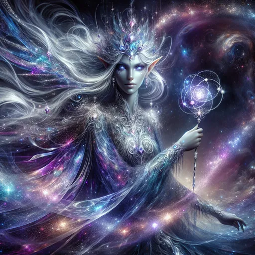 Prompt: 
The Astral Elf: Guardian of Celestial Realms
"A radiant astral elf floats gracefully in the expanse of a star-filled astral plane, surrounded by swirling cosmic mists that shimmer with hues of violet, sapphire, and gold. Their ethereal form glows faintly, skin glistening like polished silver speckled with stardust. Their long, flowing hair resembles a cascade of liquid light, shifting between colors like the aurora borealis. Eyes like twin galaxies peer out, filled with ancient wisdom and celestial power.

The elf is adorned in elegant armor crafted from translucent, crystalline material that refracts light into a dazzling spectrum of colors. Fine, celestial markings resembling constellations trail across their skin and armor, pulsing faintly with a rhythmic glow. In one hand, they wield a staff crowned with a swirling nebula encased in a delicate silver lattice, while the other hand gestures toward an array of floating astral runes that orbit them like planets around a star.

Behind the elf, vast, luminous starfields stretch into infinity, with towering cosmic spires and celestial orbs suspended in the distance. A bridge of shimmering light extends outward, linking celestial realms. Small motes of starlight and cosmic debris drift through the scene, adding depth and motion to the serene yet majestic tableau. The entire artwork captures the awe-inspiring beauty and mystical power of this guardian of the stars."
