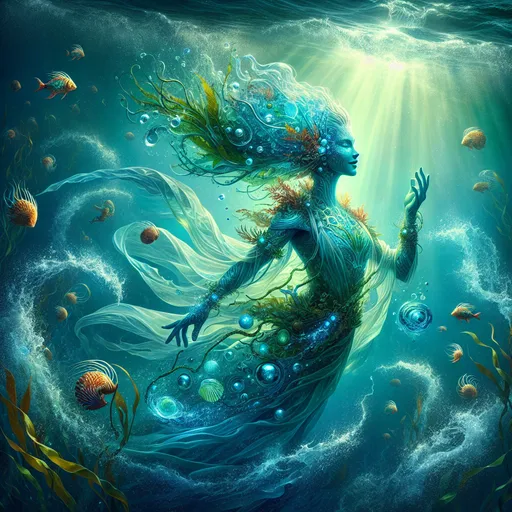 Prompt: The Tideweaver
"A mesmerizing female Water Genasi glides effortlessly through a sunlit underwater realm, her translucent aqua-blue skin shimmering like liquid crystal. Her flowing hair, resembling cascading streams of water, moves gracefully with the currents, adorned with pearls and tiny glowing bioluminescent sea creatures. She wears a gown of undulating kelp and shimmering scales, woven with the essence of the sea itself, and her bare feet leave trails of rippling magic in the water. In her hands, she holds a staff made of coral and driftwood, its tip glowing with a swirling orb of pure water that pulses with elemental energy. Surrounding her, vibrant schools of fish dart and dance, and the beams of sunlight piercing the surface illuminate her as a guardian of the ocean's balance and beauty."