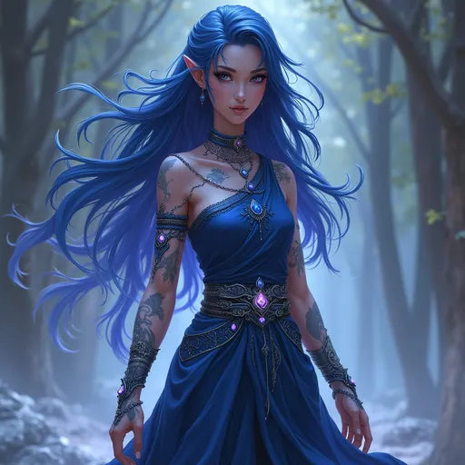 Prompt: Zarael Whisperwind, known more commonly as Zara, stands tall at six feet seven inches, a testament to her Kalashtar lineage. Her skin is a rich tapestry of blues and purples, shimmering subtly in the light with an ethereal quality that seems to hint at the bound psionic energy within her. Her hair, long and flowing, is a cascade of dark indigo that reaches the small of her back, often adorned with small crystals and feathers that whisper with every movement. Her eyes are the most striking feature, a piercing silver that seems to gaze into the soul of anyone who meets her gaze. They are large and almond-shaped, framed by thick, dark lashes, and surrounded by a faint aura that pulses with psychic energy. Her features are sharp and angular, reminiscent of elven grace but with a stoic strength that speaks of her monk training. Her body is toned and lithe, a balance of power and agility that comes from centuries of discipline and meditation. Her garments are a mix of light armor and flowing silks in shades of midnight blue and silver, allowing for ease of movement in combat and a certain elegance in diplomacy. Her hands and feet are adorned with intricate tattoos that trace the pathways of her psionic abilities, each line and swirl telling a story of her ancestral heritage and personal triumphs.