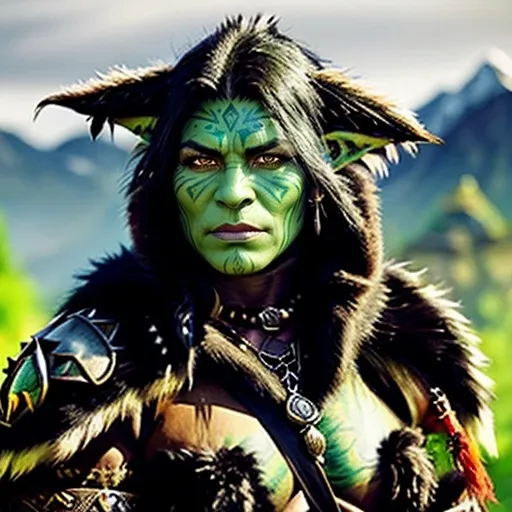 Prompt: Half-Orc, Female, 30, Emerald eyes, Deep green skin, Jet-black hair, Crimson tattoos, Warrior, Shaman, Ornate battle-axe, Thunderhoof Clan, Leather cuirass, Woolen tunic, Clan insignia, Fur-lined boots, Silver brooch, Fur cloak, Studded belt, Elemental commune, Empathetic, Kind, Warrior-shaman, Cultural duality, Empathetic leader, Pragmatic, Bridge-builder, Exotic tea enthusiast.  [(full realism!), (realistic features!), (realistic settings!), (realistic filter!), (realistic photography!), (deep fake image!!)!]!