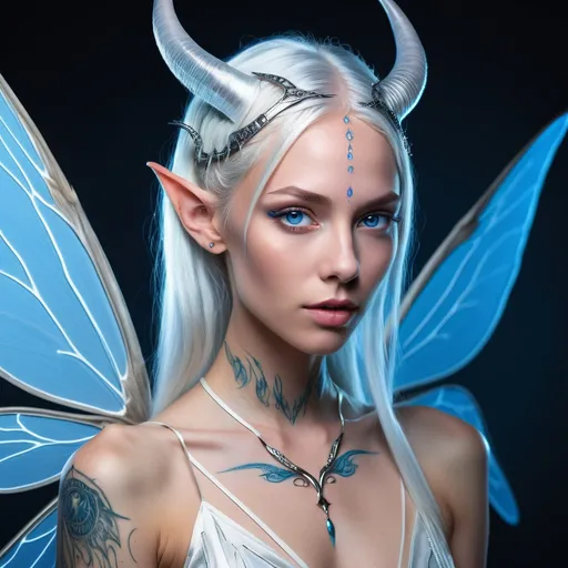 Prompt: gender: female, age: 28, race: Aetherian, ethereal beauty, floating isles of Ely native, stunning visage, luminescent skin, flowing silver hair, piercing blue eyes, elegant horns, diaphanous wings, graceful figure, elongated limbs, delicate features, pointed ears, translucent dress, glowing tattoos, floating aura, slender frame, radiant energy, serene expression, regal posture, enchanting grace