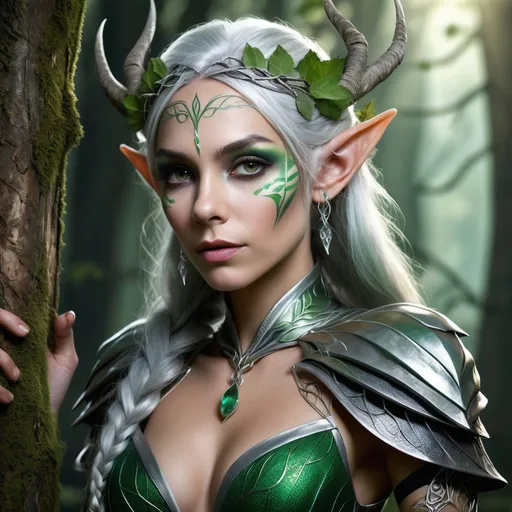 Prompt: Forest Elf, female, 270 years old, moonlit leaf skin, silver hair waterfall, emerald ancient eyes, intricate tattoos, vine and fungi crown, pointed silver-tipped ears, shimmering leaf garb, spider silk attire, mystical modesty, woodland protector, elven agility, archer, spellcaster, ethereal grace, gentle dignity, deep empathy, nature's harmony, forest guardian, ancient wisdom, whispers of trees, elven heritage, tapestry of experiences, druidic upbringing, guardian of balance, blend of shadow and light, healer, diplomat, natural warrior, emblem of peace, protector of the lost, curious spirit, nocturnal storyteller, animal mimic, whimsical decorator.