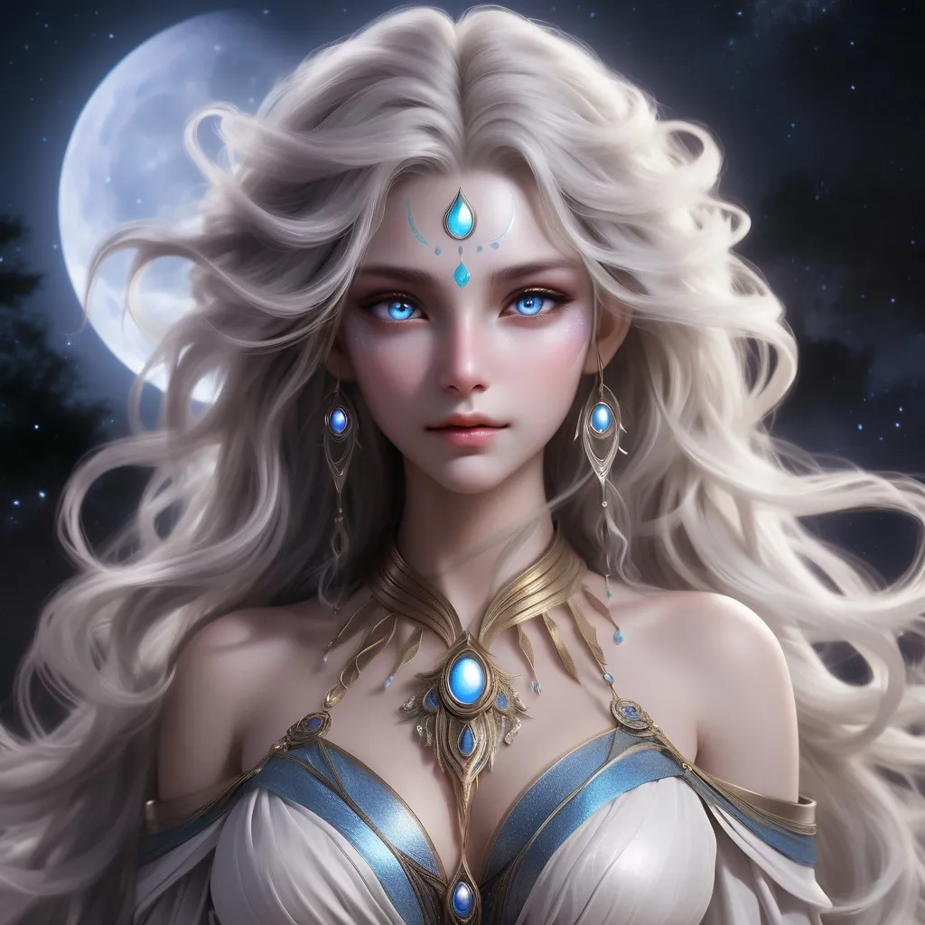 Prompt: Lunaara Moonshadow is a mesmerizing Elaraan, a rare lunar-born species whose lineage dates back to the ancient times when the moon itself was said to be a sentient being. Her ethereal beauty is accentuated by her translucent, moonlit skin that seems to radiate a soft glow even under the harshest of suns. Her hair is a cascade of silver and white strands that appear to flow like liquid starlight, often reaching down to her waist. Her eyes are pools of deep sapphire, reflecting the mysteries of the night sky and filled with an ancient wisdom beyond her years. Her frame is slender and graceful, yet surprisingly strong for her kind, allowing her to navigate the treacherous landscapes of her moonlit homelands with ease.

Her attire is a testament to the harmony between the natural world and the cosmos. She wears a scant ensemble of interwoven lunar vines and delicate moonflower petals that cling to her body, revealing her elegant curves while leaving enough to the imagination. The garments are enchanted to shimmer with a soft, pulsing light that matches her skin's lunar glow. Her feet are adorned with sandals made from the toughened scales of a moonlit serpent, granting her silent footsteps and sure grip on any terrain. Around her neck hangs an amulet, a piece of crystallized moonbeam, which holds the essence of her ancestral spirit guide, a majestic moon hawk named Lunara. Her pointed ears are pierced with delicate studs of star-metal that glint as she moves her head, and her slender fingers are tipped with nails that can retract into sharp claws at will.