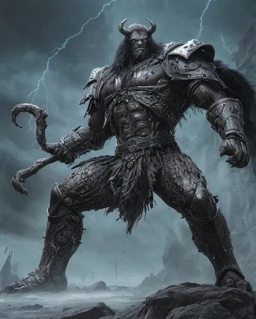 Prompt: Goliath, male, 130 years old, eight feet tall, robust, muscular, earthy skin tones, gray-green mottling, emerald eyes, broad face, strong jaw, proud nose, dark hair with silver streaks, intricate tattoos, fur cloak, teeth and claw adornments, scaled armor, deep blue-black, gleaming metal weaponry, massive calloused hands, ancestral warhammer, Thunderfall, stoic, storm-bonded, Spine of the World, clan of Iron Sky, Ritual of the Skyfall, Stonebearer, protector of sacred stone, wise leader, honorable, fiercely loyal, dry humor, battle-hardened, unbroken spirit, childlike wonder for the new.