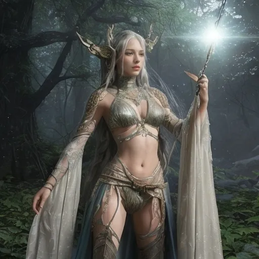 Prompt: Alarael Thundermoor, known as Lara to her trusted companions, is a vision of ethereal beauty. Her skin is a soft shade of moonlit silver, a trait uncommon even among her High Elf kin. Her long, flowing hair cascades down her back in waves of starlit blue, adorned with delicate braids woven with threads of shimmering starlight. Her eyes, almond-shaped pools of emerald fire, seem to hold the wisdom of the ancients and the secrets of the cosmos. Standing at 6'2", she is tall for an elf, with a lean and athletic build that speaks of her life as a skilled archer and wanderer of the vast forests of Eldara. Her face is angular and sharply defined, with high cheekbones and a strong jawline that give her an air of nobility and determination. Her pointed ears, adorned with a pair of golden rings, frame her face elegantly. Her attire is a mix of practicality and royalty: a form-fitting leather tunic, embroidered with intricate celestial patterns in silver thread, over a light shirt of spidersilk, and supple leather pants that allow for unimpeded movement. Her bow, crafted from the heartwood of an ancient moonlit tree, is almost as tall as she is and strung with a quiver filled with arrows that seem to hum with an otherworldly energy. Around her waist, a belt of woven starlight holds a sheathed dagger made from the crystallized essence of a fallen comet. Her boots are of the finest elven make, silent and swift on the forest floor.