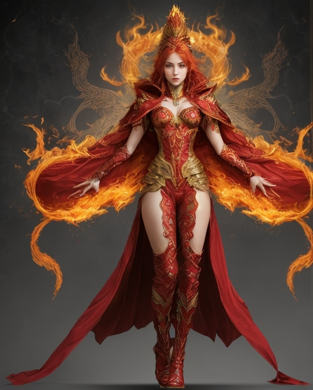 Prompt: Magi, gold-scaled, fiery red hair, amber eyes, sharp angular features, upturned phoenix-like nose, enigmatic smile, crimson and gold robes, flowing sleeves, molten gold skin, ethereal beauty, fiery grace, regal posture, long neck, slender frame, fiery elementalist, fiery blade, Flame Citadel, phoenix lineage, ancient nobility, fire manipulation, healer, transforms into Flame Phoenix, charismatic leader, warm heart, fierce loyalty, rare tea collector, 250 years old, female.