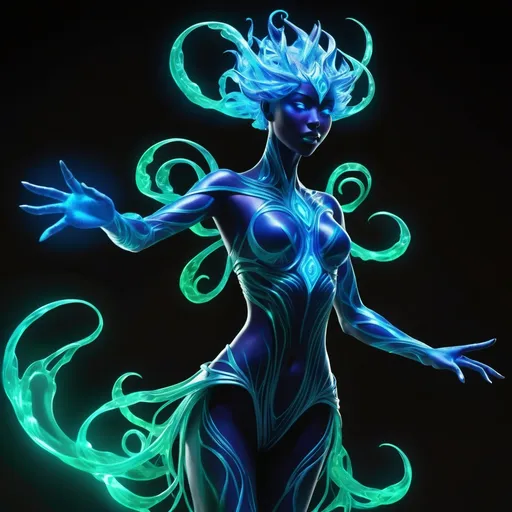 Prompt: Luminara Fluoxyn is an ethereal being of pure, luminescent plasma. Her form is ever-shifting, a dance of fiery blue and emerald tendrils that coalesce into a vaguely humanoid shape. The intensity of her light varies with her emotions, casting a soft glow when she is at peace and blazing brilliantly when she is excited or threatened. Her "face" is a delicate interplay of shifting patterns, a canvas of light and shadow that expresses a vast range of expressions, from the warmth of a gentle smile to the sternness of a furrowed brow. Her eyes are twin orbs of deep cerulean, piercing in their gaze yet filled with ancient wisdom. Floating atop her head is a corona of plasmic energy that flickers like a crown of candleflames, an aura of power that is both mesmerizing and intimidating. Her body, though formless, often assumes the appearance of a slender, elegant female figure draped in flowing garments of light, the fabric of her own essence. Her movements are fluid and graceful, reminiscent of the currents of a starlit ocean.