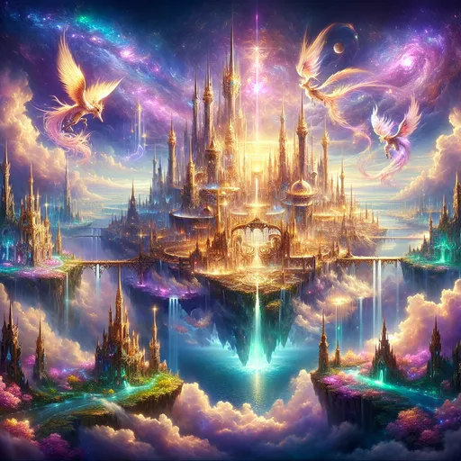 Prompt: "A breathtaking fantasy art masterpiece showcasing a majestic kingdom perched atop a floating island surrounded by glowing clouds. towering spires and intricate architecture glisten with enchanted golden light, while cascading waterfalls flow endlessly into a vast, shimmering abyss. A radiant, otherworldly sky filled with hues of pink, purple, and orange paints a dreamy backdrop, Ethereal creatures, such as soaring phoenixes and shimmering dragons, glide gracefully through the air. Lush, magical flora blooms in vibrant colors across the landscape, adding a touch of mysticism. The scene exudes an aura of wonder, adventure, and the limitless possibilities of a fantastical realm."