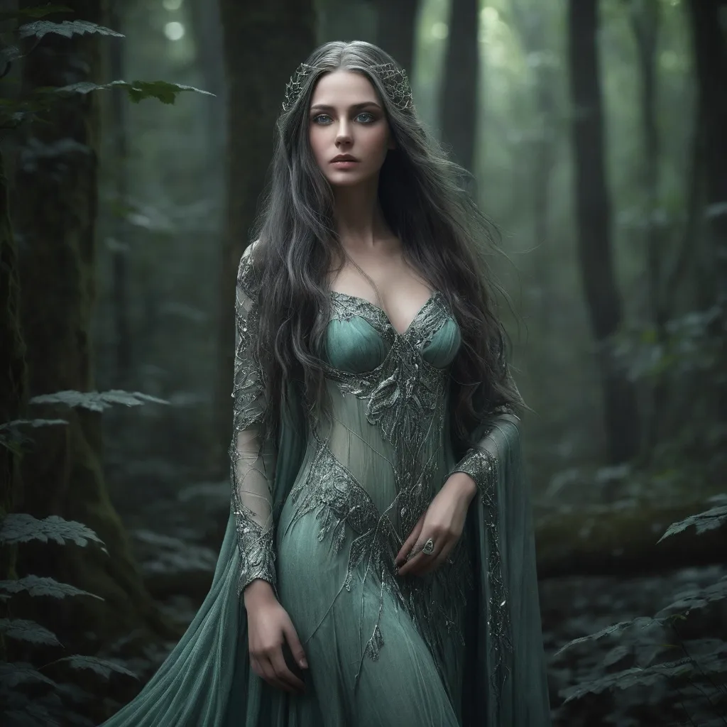 Prompt: Lysara Moonshadow is a striking figure among her kin. Her skin is the color of the moonlit leaves that cover the forest floor, a soft, shimmering green that seems to absorb the light around her. Her long, silky hair cascades down her back like a river of starlit night, woven with threads of silver that glint with her every movement. Her eyes are pools of ancient wisdom, a deep blue that mirrors the hue of the twilight sky. They are fringed with lashes so long and fine, they appear like spider silk gently brushing her cheeks. Her nose is delicate and upturned, hinting at the playfulness of the woodland spirits she is said to commune with, while her full, red lips curl into a knowing smile that suggests she is perpetually privy to secrets untold.

Standing tall and slender, Lysara's form is both lithe and powerful, a testament to her life spent among the trees. Her limbs are long and graceful, each step as silent as a deer's, and her fingers end in sharp, nimble points that can pluck the sweetest berry from the thorniest bush without a sound. Her ears are pointed and elegant, sweeping back from her high forehead and framing her face like the leaves of an oak in autumn. They are adorned with intricate patterns of tattoos that trace her lineage back to the very roots of the ancient forest itself.

Her attire is a symphony of greens and browns, a masterful blend of moss, vine, and bark that allows her to melt into the foliage of her home. A cloak of spiderweb-thin leather, dyed with the essence of leaves and berries, hangs from her shoulders, and her armor is crafted from the bones of great beasts that have long since been claimed by the woods. Around her waist, a belt of interwoven ivy holds an array of pouches and sheaths filled with the tools of her trade: a slender, silver-chased short sword, a bow made from the heartwood of a yew, and a quiver of arrows fletched with the feathers of the nightingale.