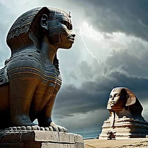 Prompt: The Sphinx watched from a safe distance, its stone visage unreadable but for the slightest nod of approval. Leona could feel the ancient creature's pride in her, a warmth that spread through her chest like the first rays of dawn. Her movements grew more fluid, more certain, as the storm's energy surged through her, becoming an extension of her very self. The tempest raged around her, a living, breathing entity that she had tamed.