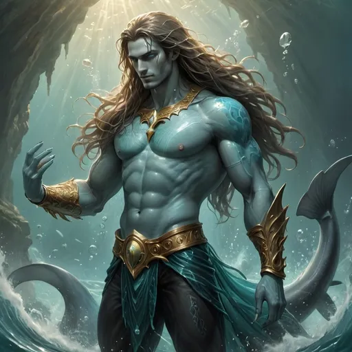 Prompt: Lysander Marin is a Triton of regal bearing, his eyes a piercing cerulean blue that mirror the vast oceans of his birthplace. His long hair, a mesmerizing blend of deep sea greens and blues, flows in the currents like kelp forests, often adorned with pearls and seashells that reflect the soft bioluminescence of his underwater kingdom. Standing at a towering height of six-and-a-half feet, his physique is sculpted from centuries of navigating the treacherous waters of the deep, his muscles rippling with the grace of a dolphin. His skin is a rich turquoise hue, shimmering with an iridescent sheen that can change from electric blue to emerald in the shifting light. A finned tail, a symbol of his royal lineage, replaces his lower body, granting him unparalleled speed and agility in the ocean's embrace. Above the waist, Lysander is humanoid, with broad shoulders and a chiseled torso, each feature seemingly carved by Poseidon himself. His hands are webbed, and his fingers tipped with sharp, translucent nails capable of slicing through water—or the flesh of his enemies. Two delicate gills flutter at his neck, allowing him to breathe the briny air of his realm with ease.