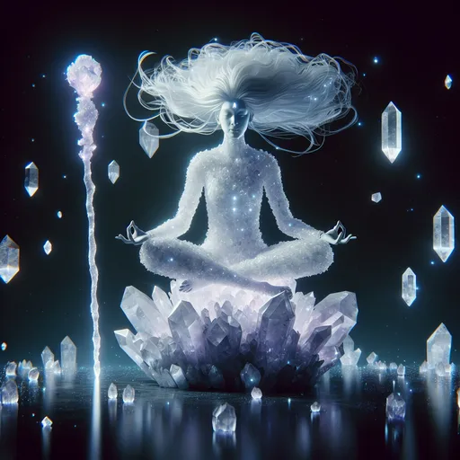 Prompt: "A serene figure with translucent skin resembling polished quartz meditates atop a floating crystal platform. Their staff, carved from pure amethyst, glows with a calming energy, and their hair flows like strands of light. Around them, fragments of luminous crystals float and resonate, creating a soothing hum that shapes the space into a haven of tranquility."