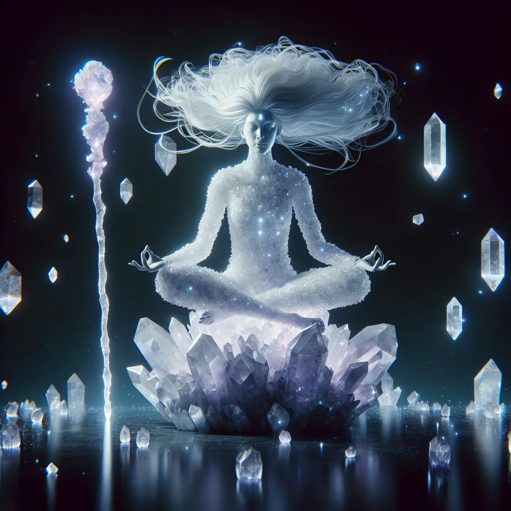 Prompt: "A serene figure with translucent skin resembling polished quartz meditates atop a floating crystal platform. Their staff, carved from pure amethyst, glows with a calming energy, and their hair flows like strands of light. Around them, fragments of luminous crystals float and resonate, creating a soothing hum that shapes the space into a haven of tranquility."