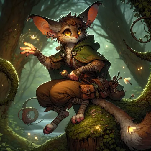 Prompt: 
The Verdant Trickster
"A nimble female Harengon perches on a moss-covered tree stump in an enchanted forest, her tan and chestnut-brown fur blending with the dappled light filtering through the canopy. Her bright, amber eyes gleam with mischief as she twirls a small, enchanted dagger between her fingers, its blade etched with glowing runes. Her patchwork cloak of greens and browns flutters gently in the breeze, adorned with pockets and pouches filled with herbs, trinkets, and curious finds from her many escapades.
Her long, floppy ears twitch at the slightest sound, attuned to the forest's whispers. Around her, nature itself seems to bend to her whim: vines curl protectively, and a group of fireflies dances in synchronized patterns at her command. She balances on her powerful hind legs, ready to spring into action at the first sign of trouble, whether to fight, flee, or play a clever prank on an unsuspecting foe. The air carries the faint scent of wildflowers and the distant trill of birds, masking the sly grin that promises adventure—and a bit of chaos."