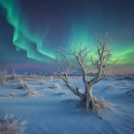 Prompt: "An enigmatic tundra stretches endlessly under a twilight sky, with crystalline formations glowing faintly in icy blues and greens amidst patches of snow and frost shimmering under an aurora. Scattered skeletal trees with twisted silver branches add a surreal touch to the desolate landscape. Amid this frozen expanse lies a weathered wooden sandbox filled with golden sand, its intricate sandcastles and colorful plastic tools contrasting sharply against the icy surroundings. Nearby, a series of mismatched signs—rusted, carved, and faintly glowing—stand planted in the frosty ground, each pointing in different directions with cryptic symbols and nonsensical phrases like 'This Way to Nowhere.' On a rocky outcrop overlooking the tundra, a polished wooden table holds a single, perfectly clear glass of water, rippling faintly in the cold breeze. The surreal blend of elements—the pristine water, golden sand, and strange signs—evokes a sense of wonder and mystery in this otherworldly scene, captured with hyper-realistic textures and cinematic lighting."