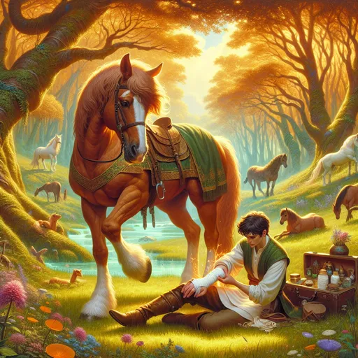 Prompt: "A vibrant and heartwarming fantasy scene featuring a kind-hearted veterinarian tending to an injured centaur in an enchanting meadow. The centaur, a majestic blend of a powerful chestnut horse and a strong, compassionate human with flowing auburn hair, sits calmly on a bed of soft grass, wincing slightly but trusting the gentle hands of their caretaker.

The veterinarian, a thoughtful figure with short, tousled hair and a satchel filled with herbs, bandages, and magical healing tools, kneels beside the centaur. Dressed in practical but colorful attire, they exude warmth and focus, carefully wrapping the centaur’s foreleg with glowing, enchanted bandages.

Around them, the meadow is alive with golden sunlight streaming through towering ancient oaks, flowers blooming in a kaleidoscope of colors, and small, curious woodland creatures watching from the shadows. A stream flows gently in the background, its surface shimmering like liquid crystal.

The scene captures a balance between fantasy and care: the veterinarian’s modern expertise seamlessly intertwined with magical touches, and the centaur’s mythical presence made relatable through their vulnerability. The overall atmosphere radiates kindness, trust, and the beauty of healing in a fantastical world."