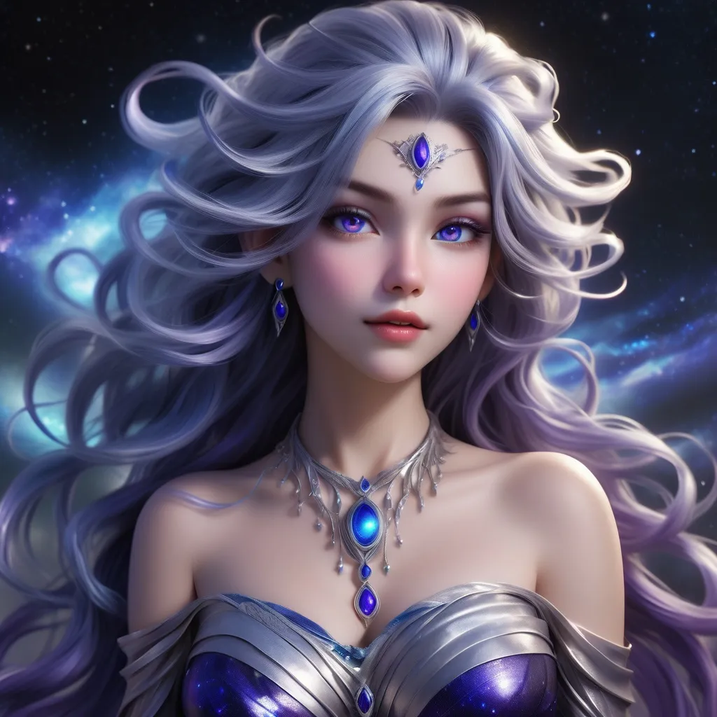 Prompt: Lilael "Lil" Whisperwind is an ageless beauty, her skin a shimmering canvas of ever-changing hues that reflect the essence of the elements around her. Her eyes are pools of deep blue-violet, akin to the heart of a cosmic storm, and her hair is a wild tapestry of silver and iridescent blue strands that float and twirl about her like living ribbons of mist. Standing at a willowy 5'9", Lil's physique is a mesmerizing blend of human grace and ethereal allure. Her body is adorned with delicate, shimmering tattoos that trace the veins of her translucent wings—wings that span a breathtaking fifteen feet when fully unfurled. Her attire is minimalistic yet striking, consisting of intricate silver and crystal jewelry that enhances her natural radiance and a loincloth made of interwoven starlight that leaves much to the imagination. Her feet are bare, allowing her to maintain a silent and ethereal presence as she moves across the ground.