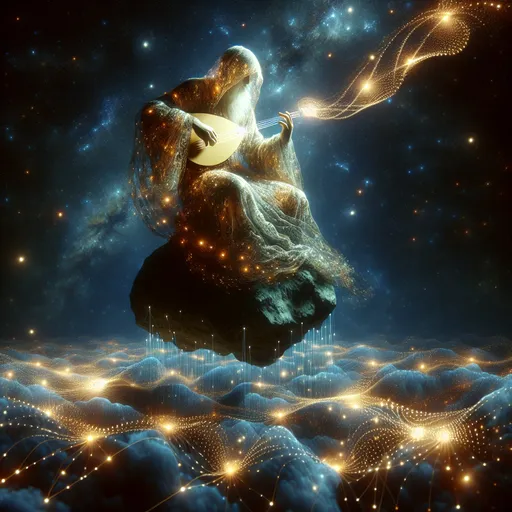 Prompt: "A serene figure, draped in flowing robes of silken light, sits atop a floating rock surrounded by an endless expanse of stars. They play a harp made of shimmering, golden strings, each note creating ripples of light that spread across the cosmos. Around them, constellations come to life, forming fleeting images of mythical creatures and tales untold."