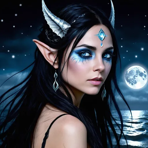 Prompt: Elara Moonshadow is an enigmatic figure with the ethereal grace of a half-elf, her pointed ears a subtle hint to her lineage. Her eyes, a piercing shade of silver-blue, seem to dance with the light of the moon, reflecting the ever-changing tides of her emotions. Her hair is a cascade of inky black tresses, streaked with silver threads that shimmer like stardust in the light, often pulled back into an elegant braid adorned with small crystals and charms that whisper ancient secrets. Her skin is pale, almost translucent, with a hint of the soft glow that comes from a life lived in the embrace of the arcane. She stands at a height of 5'10", and her slender frame is wrapped in robes of deep purple and midnight blue, intricately woven with patterns of celestial bodies and arcane symbols that pulse with a faint, otherworldly light. A silver circlet encrusted with amethyst and sapphires sits upon her brow, a gift from the elven court she left behind centuries ago. Her fingers are long and nimble, perfect for weaving the intricate gestures of her spells, and a delicate tattoo of a glowing moonflower spirals around her left wrist, a constant reminder of her deep connection to the magical world.