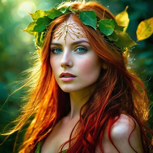 Prompt: Elara Leafwhisper is an ethereal being whose very essence seems to be woven from the fabric of the natural world. Her form is fluid and ever-changing, often resembling a young woman in the bloom of eternal youth. Her eyes are the vibrant green of a thousand leaves kissed by the morning dew, and her hair flows like a river of autumnal foliage—golden, red, and amber strands intertwined. Her skin is a soft, earthy brown that shimmers with the iridescence of a sunlit forest floor, while her slender limbs are adorned with delicate vines that twine and pulse with vitality. Her fingers elongate into graceful branches that sprout leaves and blossoms as she speaks, her words carrying the gentle whispers of a summer breeze. When she moves, it is with the grace of a doe dancing through the woods, her bare feet barely touching the ground as if the very earth lifts her in its embrace. Her clothing, if one could call it such, is a living tapestry of leaves and petals, shifting with the seasons and her mood. A crown of entwined branches sits atop her head, holding in place a cascade of ivy that frames her radiant countenance.