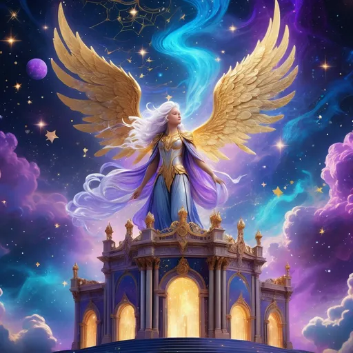 Prompt: Background: A celestial palace floating amidst swirling nebulae of vibrant blues, purples, and golds, with constellations glowing in the distance.
Action: A luminous angelic-figure with cascading silver hair and radiant golden wings descends from the palace, holding an org of pure starlight.
Render Style: Hyper-realistic with intricate textures, glowing effects, and a surreal palette.
Theme: Divine beauty and cosmic power.